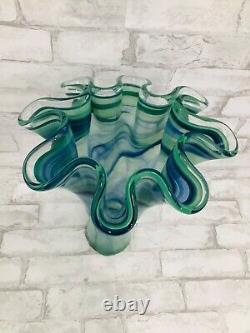 Stunning! Vintage Art Glass Vase Ruffle Large 17 Blue & Green Swirl Italy