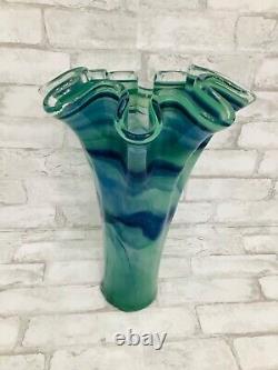 Stunning! Vintage Art Glass Vase Ruffle Large 17 Blue & Green Swirl Italy