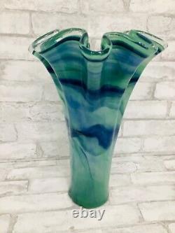 Stunning! Vintage Art Glass Vase Ruffle Large 17 Blue & Green Swirl Italy