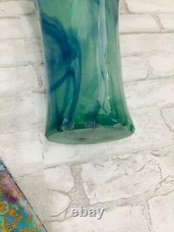 Stunning! Vintage Art Glass Vase Ruffle Large 17 Blue & Green Swirl Italy