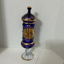 Stunning Vtg Cobalt Blue Bohemian Glass Lidded Tall Urn Vase Gold Trim 15