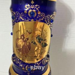 Stunning Vtg Cobalt Blue Bohemian Glass Lidded Tall Urn Vase Gold Trim 15