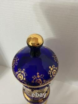 Stunning Vtg Cobalt Blue Bohemian Glass Lidded Tall Urn Vase Gold Trim 15
