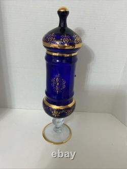Stunning Vtg Cobalt Blue Bohemian Glass Lidded Tall Urn Vase Gold Trim 15