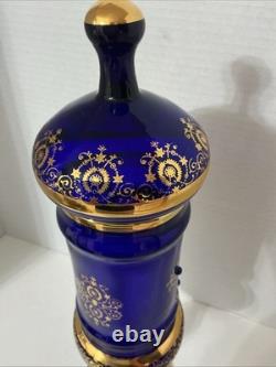 Stunning Vtg Cobalt Blue Bohemian Glass Lidded Tall Urn Vase Gold Trim 15