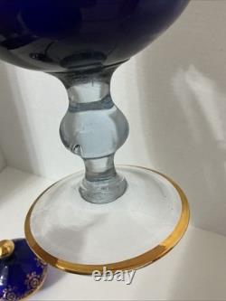 Stunning Vtg Cobalt Blue Bohemian Glass Lidded Tall Urn Vase Gold Trim 15