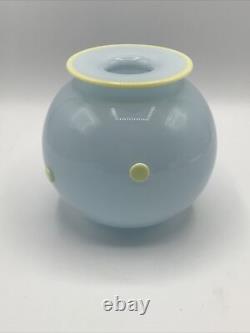 Sugiki & Zerkowitz Two Tone Studios MCM Blue Glass Vase Yellow Polka Dots Signed