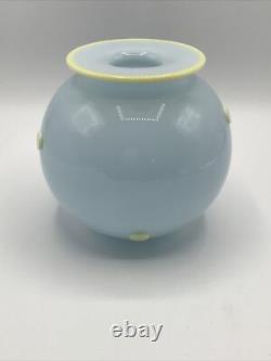 Sugiki & Zerkowitz Two Tone Studios MCM Blue Glass Vase Yellow Polka Dots Signed