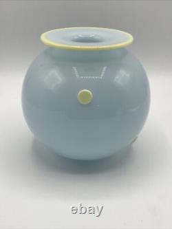 Sugiki & Zerkowitz Two Tone Studios MCM Blue Glass Vase Yellow Polka Dots Signed