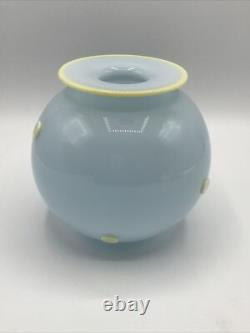 Sugiki & Zerkowitz Two Tone Studios MCM Blue Glass Vase Yellow Polka Dots Signed