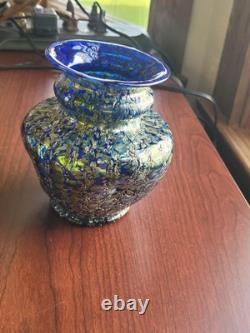 Super Pretty Dugan Art Glass Venetian Blue Gold Frit Ribbed Pinched Vase