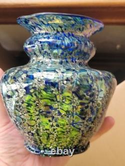 Super Pretty Dugan Art Glass Venetian Blue Gold Frit Ribbed Pinched Vase