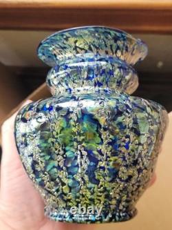 Super Pretty Dugan Art Glass Venetian Blue Gold Frit Ribbed Pinched Vase