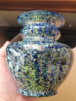 Super Pretty Dugan Art Glass Venetian Blue Gold Frit Ribbed Pinched Vase