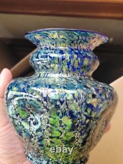 Super Pretty Dugan Art Glass Venetian Blue Gold Frit Ribbed Pinched Vase