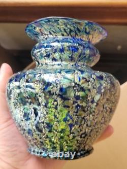 Super Pretty Dugan Art Glass Venetian Blue Gold Frit Ribbed Pinched Vase