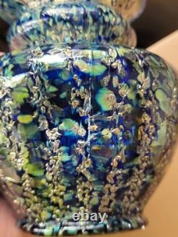 Super Pretty Dugan Art Glass Venetian Blue Gold Frit Ribbed Pinched Vase