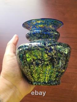 Super Pretty Dugan Art Glass Venetian Blue Gold Frit Ribbed Pinched Vase