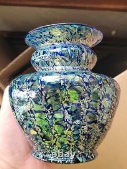 Super Pretty Dugan Art Glass Venetian Blue Gold Frit Ribbed Pinched Vase