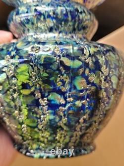Super Pretty Dugan Art Glass Venetian Blue Gold Frit Ribbed Pinched Vase