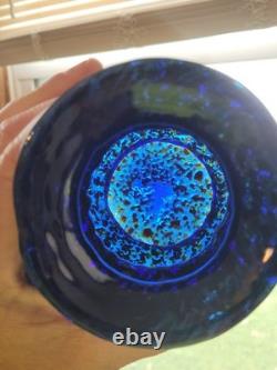 Super Pretty Dugan Art Glass Venetian Blue Gold Frit Ribbed Pinched Vase