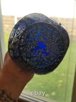 Super Pretty Dugan Art Glass Venetian Blue Gold Frit Ribbed Pinched Vase
