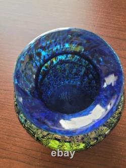 Super Pretty Dugan Art Glass Venetian Blue Gold Frit Ribbed Pinched Vase