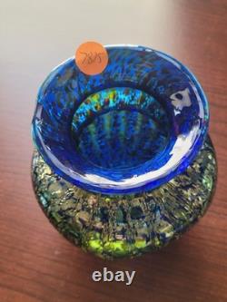 Super Pretty Dugan Art Glass Venetian Blue Gold Frit Ribbed Pinched Vase