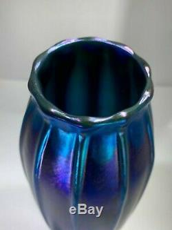 Superb Rare LCT Tiffany Favrille Blue Iridescent Ribbed Closed Tulip Vase 2230N