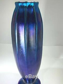 Superb Rare LCT Tiffany Favrille Blue Iridescent Ribbed Closed Tulip Vase 2230N