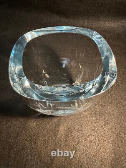 Swedish Crystal Glass Lt Blue Tint Vase Engraved Birds Sovansson 1966 markystore