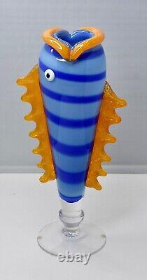 Swedish Orange & Blue Fish by Anna Örnberg Strömbergshyttan 1980s Art Glass Vase