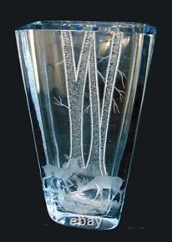 Swedish Strombergshyttan Crystal Art Glass Vase Woodland Landscape Deer Forest