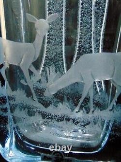 Swedish Strombergshyttan Crystal Art Glass Vase Woodland Landscape Deer Forest