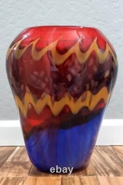 THICK Art Glass Vase Red Cobalt Blue Orange Black- Fire & Water-Contemporary
