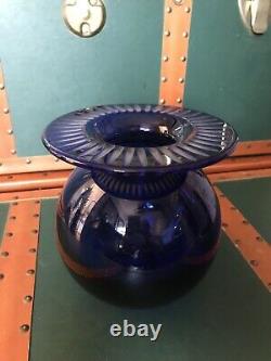 TIFFANY & CO SIGNED COBALT BLUE CRYSTAL ART VASE withETCHED RIBS