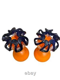 TWO (2) Czech Art Deco Orange Glass Vase Attached Blue Glass Flower MCM Vintage