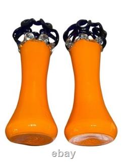 TWO (2) Czech Art Deco Orange Glass Vase Attached Blue Glass Flower MCM Vintage