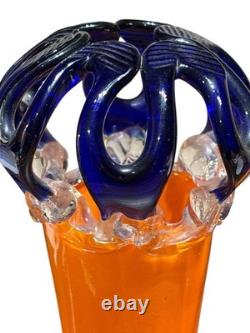 TWO (2) Czech Art Deco Orange Glass Vase Attached Blue Glass Flower MCM Vintage
