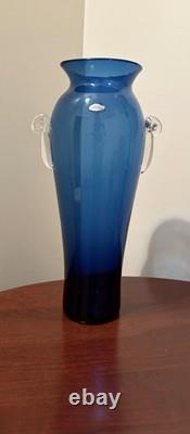 Tall Blenko Cobalt Blue Clear Handled Floor Vase