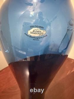 Tall Blenko Cobalt Blue Clear Handled Floor Vase