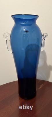 Tall Blenko Cobalt Blue Clear Handled Floor Vase