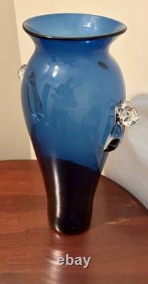 Tall Blenko Cobalt Blue Clear Handled Floor Vase
