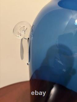 Tall Blenko Cobalt Blue Clear Handled Floor Vase
