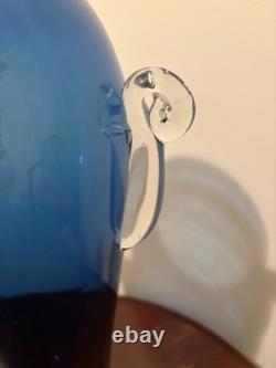 Tall Blenko Cobalt Blue Clear Handled Floor Vase