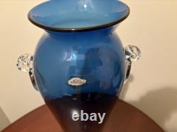 Tall Blenko Cobalt Blue Clear Handled Floor Vase