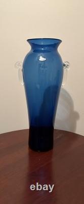 Tall Blenko Cobalt Blue Clear Handled Floor Vase