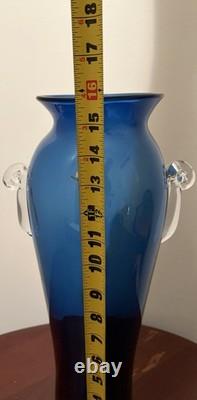 Tall Blenko Cobalt Blue Clear Handled Floor Vase