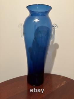 Tall Blenko Cobalt Blue Clear Handled Floor Vase