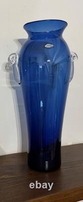 Tall Blenko Cobalt Blue Clear Handled Floor Vase